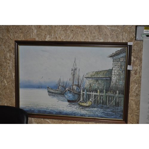 1034 - FRAMED OIL ON CANVAS OF HARBOUR SCENE