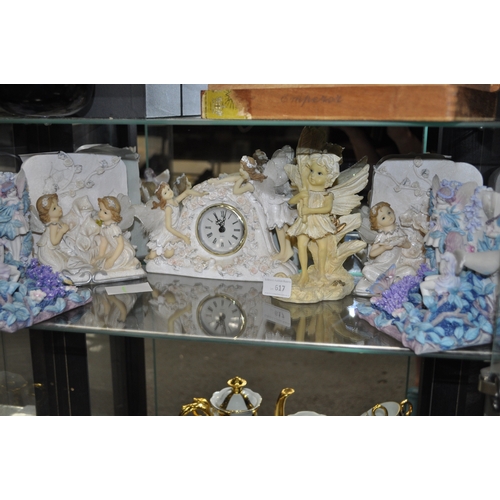 617 - 2 PAIRS OF FAIRY BOOKENDS   FAIRY CLOCK AND FIGURINE