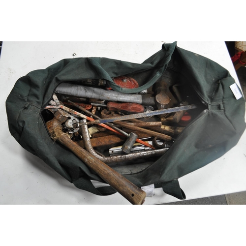45 - CANVAS BAG OF ASSORTED TOOLS INC HAMMERS, RATCHETS AND SPANNERS ETC