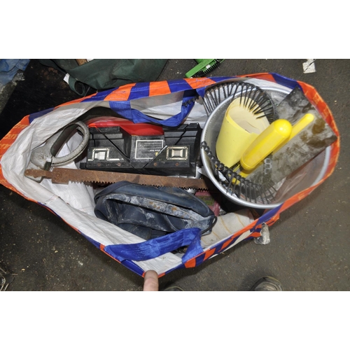 46 - BAG OF ASSORTED TOOLS, SAWS,  WASTE BUCKET, HANDLES AND FLOATS