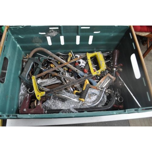 47 - LARGE CRATE OF RING SPANNERS, SPANNERS. HAND DRIL, CLAMPS ,DRIVERS AND MORE