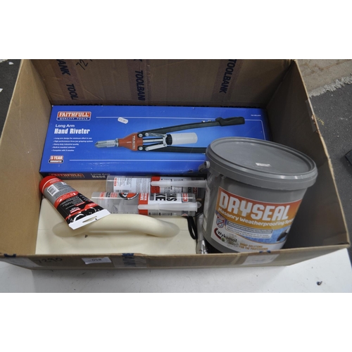 58 - BRAND NEW FAITHFUL HAND RIVITER, 2 TUBES OF ALL WEATHER ADHESIVE. TUB OF DRY SEAL AND A TUBE OF FILL... 