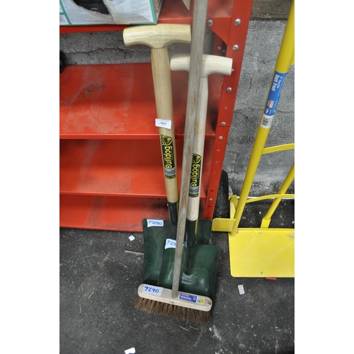 64 - 2 X BULLDOG NEW SHOVELS AND FAITHFUL BROOM