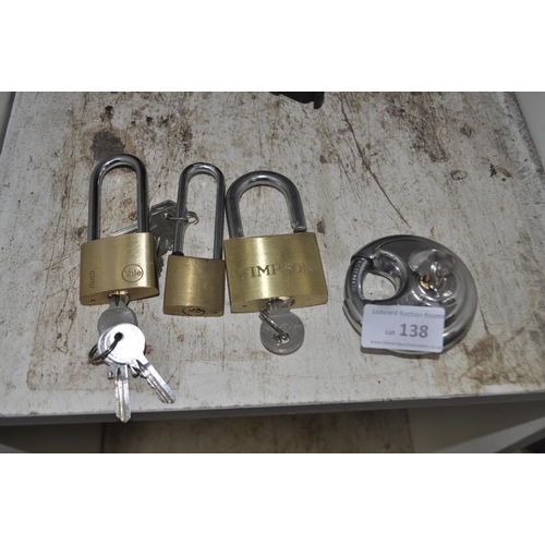 138 - 4 ASSORTED PADLOCKS WITH KEYS