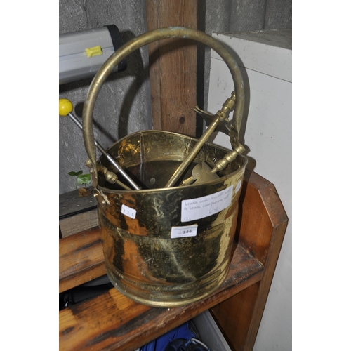 144 - BRASS COAL BUCKET WITH BRASS COMPANION SET