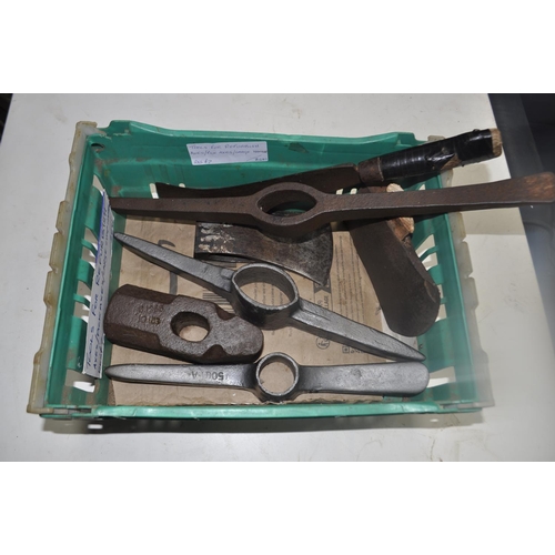 23 - CRATE OF TOOLS FOR REFURBISHING INC AXES, PICK AXES AND LARGE LUMP HAMMER