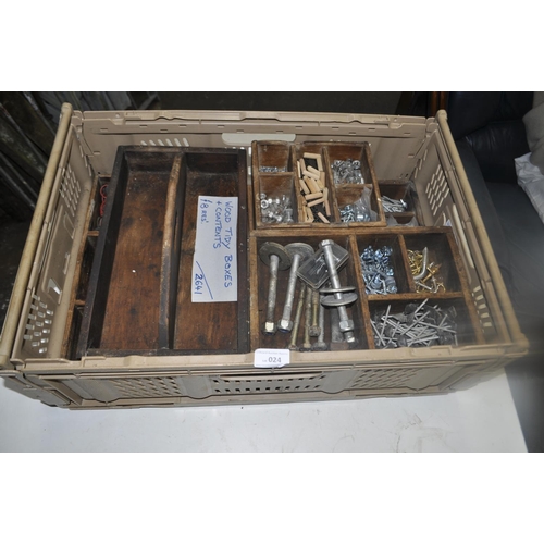 24 - WOOD TIDY, BOXES WITH CONTENTS INC NUMEROUS SCREWS, BOLTS