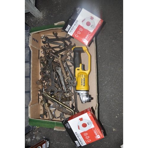 37 - BOX INC DEWALT MULTI TOOL. 2 PREMIER DISPOSABLE MASK AND LARGE QT OF SPANNERS