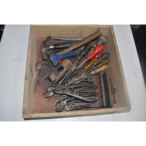 61 - DRAWER FULL OF VINTAGE TOOLS. HAMMERS, CARPENTERS VICE, SCREWDRIVERS ETC