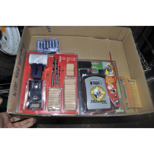 63 - BOX OF BRAND NEW DRILL BITS, SAW BLADES AND A MASTERLOCK