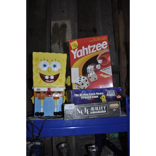 326 - QTY OF CHILDRENS GAMES INC YAHTZEE AND SPONGEBOB KARAOKE MACHINE