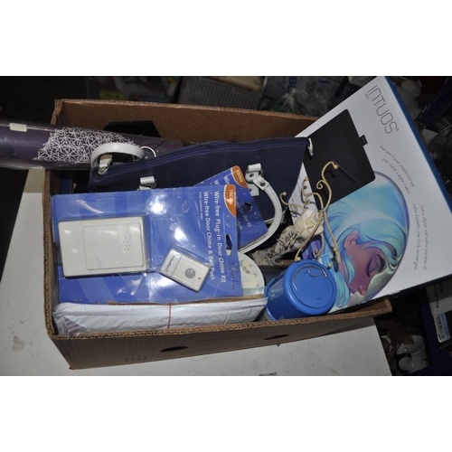 328 - BOX OF DOORCHIMES, TINS, KNITTING PATTERNS, RING HOLDERS ETC