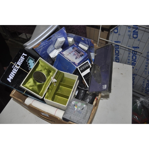 336 - BOX OF TINS, TRINKET BOZES, JEWELLERY BOXES, DOORCHIMES ETC