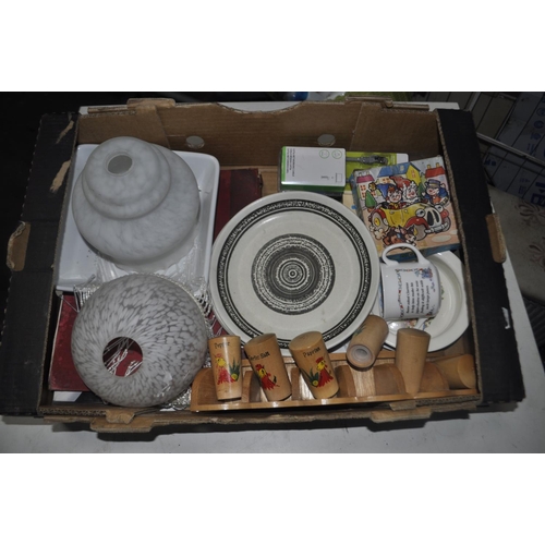 348 - BOX OF LAMPSHADES, GLASS, PLATES ETC