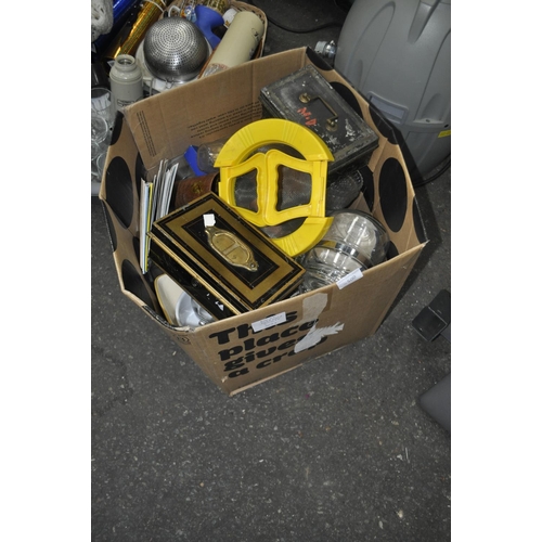 500 - BOX OF HOUSEHOLD STUFF INC CASH BOX, GLASS JARS, POSTCARDS ETC