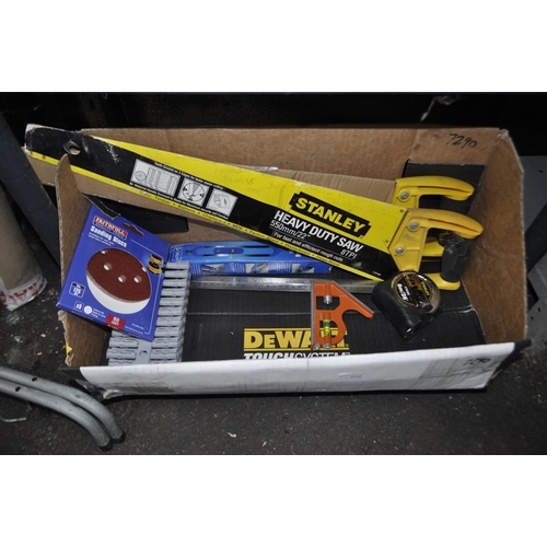 56 - BOX OF NEW TOOLS INC STANLEY SAW, SET SQUARE, 8M TAPE MEASURE AND RAW PLUGS