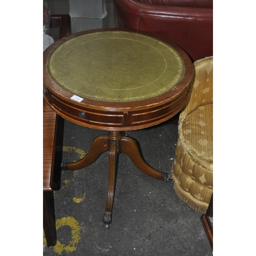 567 - MAHOGANY WITH GREEN LEATEHRETTE DRUM TABLE
