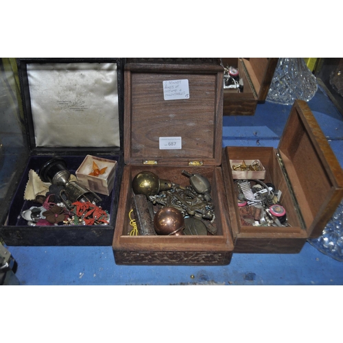 687 - 3 TRINKET BOXES OF COSTUME AND COLLECTABLES
