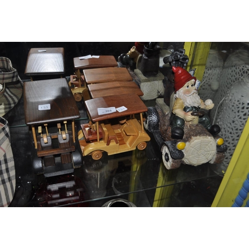 703 - 3 WOODEN GOLF CART AND GNOME ON GOLF CART