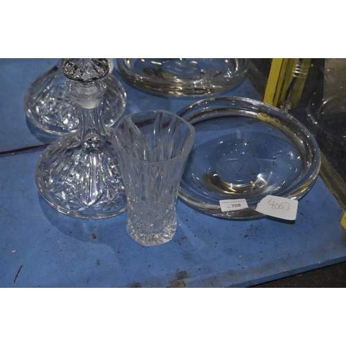 708 - GLASSDISH, VASE AND SHIPS DECANTOR