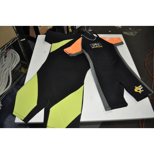 79 - 2 SHORTY WETSUITS, ONE ORANGE AND BLACK, ONE YELLOW AND BLACK