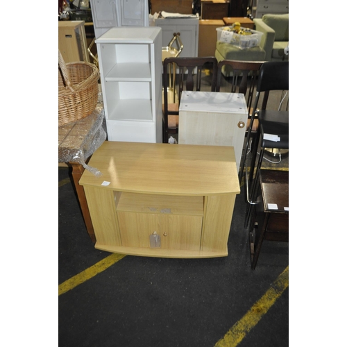 889 - 2 WHITE CABINET AND A LIGHT OAK TV CABINET