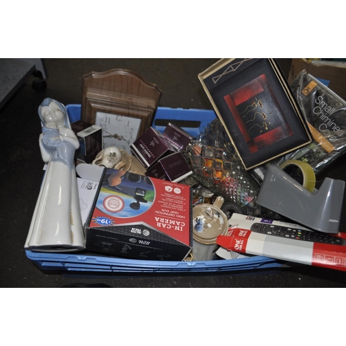 121 - LARGE BOX OF MISC INC IN CAR CAMERA, KEY WALL CLOCK HOLDER, SPANISH FIGURINE AND MUCH MORE