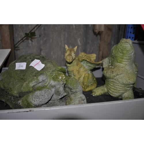 136 - HEADLESS TORTOISE AND 2 DRAGON GARDEN ORNAMENTS  ALL A/F (HEAD IS PRESENT AND CLEAN BREAK)