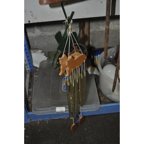 139 - MIXED PAINTS, STAINS AND 2 X WIND CHIMES