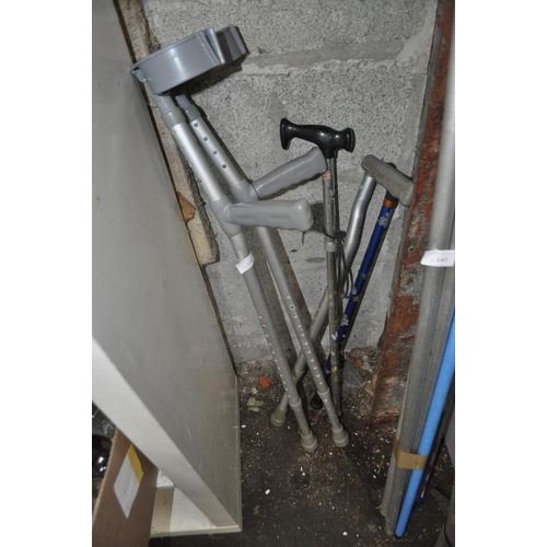 141 - PAIR OF CRUTCHES AND WALKING STICKS