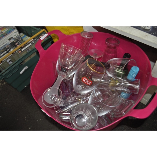 156 - LARGE TRUG OF BRANDED ALCOHOL GLASSES AND OTHERS