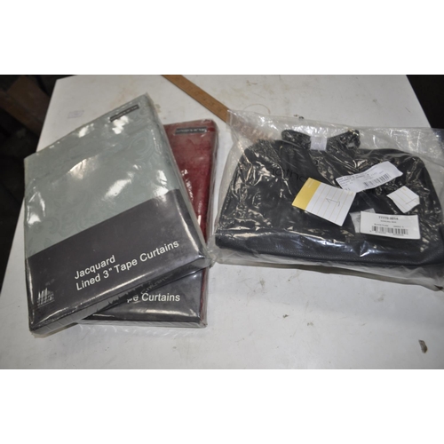 165 - NEW LADIES HANDBAG AND 2 PAIRS  LINED 3 INCH TAPE CURTAINS  46 INCH X 48 INCH  RED AND GREEN