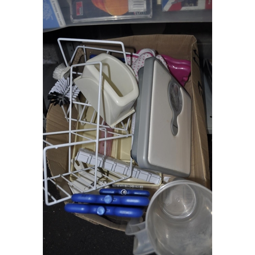 191 - ASSORTED KITCHEN ITEMS AND BATHROOM SCALES