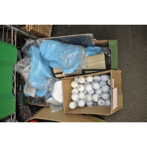 323 - BOX OF ASSORTED GOLF BALLS, MONITOR AND BRIC A BRAC