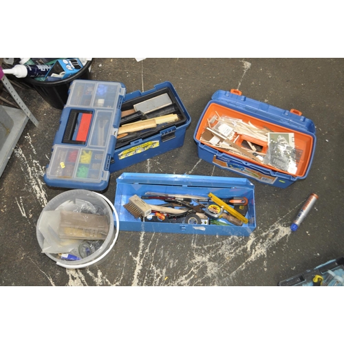 38 - 3 TOOLBOXES, 2 WITH TOOLS AND BUCKET OF NAILS