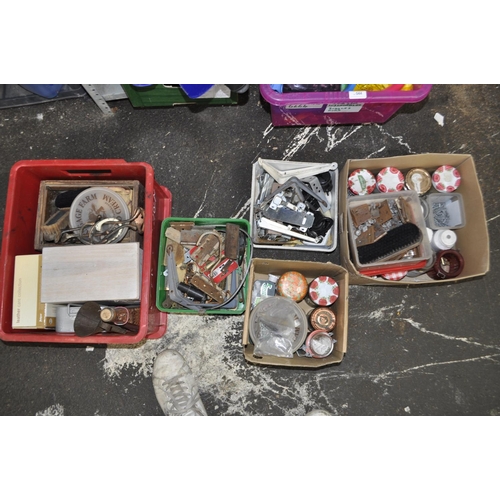 45 - 5 BOXES OF VINTAGE TOOLS AND MISC  INC HINGES, HARDWARE, MASONRY DRILL BITS, BOSCH JIGSAW, FUNNELS A... 