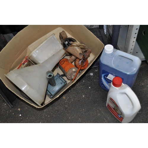 59 - SHELF OF CONTENTS INC FULL SCREEN WASH, RUG DOCTOR CLEANING SOLUTION AND FUNNELS AND CANS