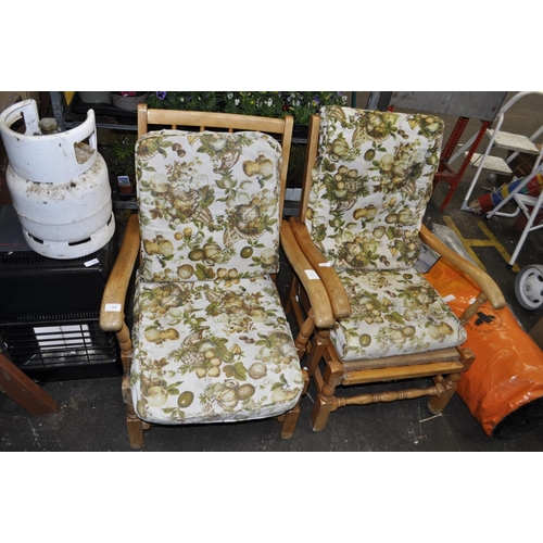 131 - PAIR OF LIGHT OAK CONSERVATORY FLORAL CUSHIONED CHAIRS