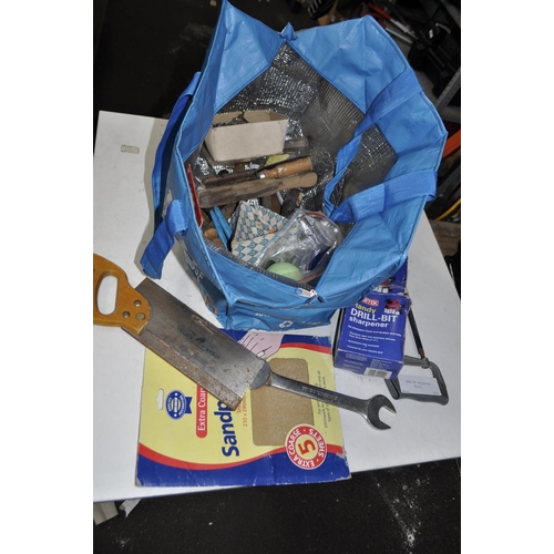 21 - BAG OF MIXED ASST HAND TOOLS INC HACKSAW, STILSONS, SPANNERS, WOOD CHISELS ETC