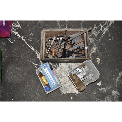 56 - WOODEN BOX CONTAINING HARDWARE, GATE HANDLES, TOOLS AND LOCKS