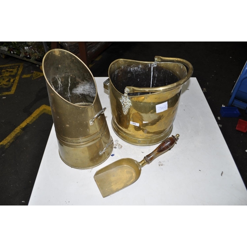 66 - BRASS COAL SCUTTLE AND COAL BUCKET AND COAL SHOVEL