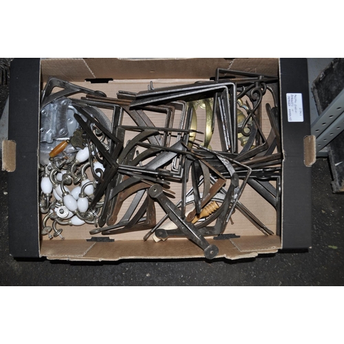 96 - BOX OF MEYAL SHELF BRACKETS AND RAW HANDLES