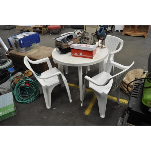 114 - ROUND PLASTIC WHITE GARDEN TABLE AND 4 CHAIRS