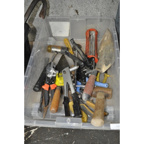 14 - BOX OF MIXED HAND TOOLS INC CLUB HAMMER, MALLET AND OTHERS