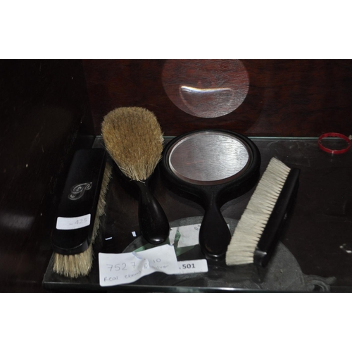 425 - EBONY AND SILVER EMBOSSED VANITY SET    