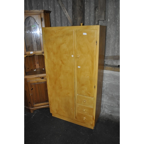 757 - PINE 1950S STYLE TWO DRAW THREE DOOR SMALL WARDROBE