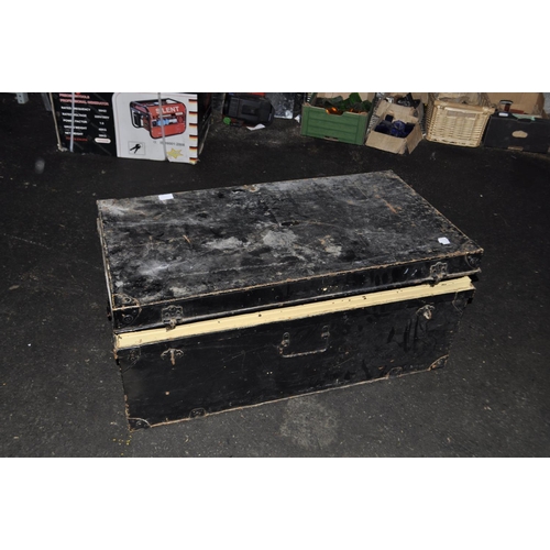 90 - LARGE BLACK TIN CHEST APPROX 3FT X 18 INCH AND 1FT DEEP