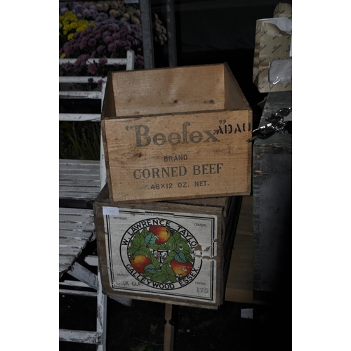 94 - 2 X VINTAGE WOODEN ADVERTISING CRATES    FRUIT AND CORNED BEEF