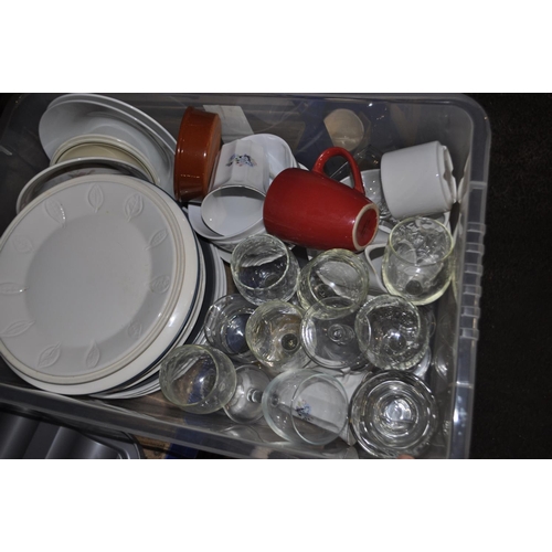 434 - LIDDED STORAGE BOX INC PLATES, GLASSWARE AND MISC KITCHEN ITEMS