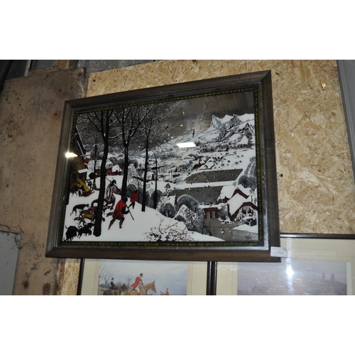 762 - FRAMED MIRROR DEPICTING HUNTERS IN SNOW